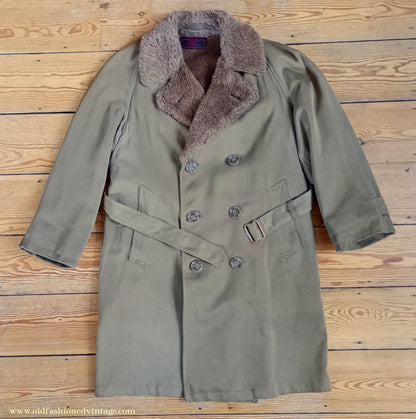 Vintage 1940s Mens Storm Coat Double Breasted Raglan Overcoat Alpaca Pile Teddy Bear Faux Fur Collar & Lining Small