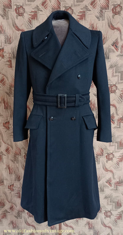 Vintage Mens 1940s BOAC Uniform Greatcoat Black Wool Double Breasted Belted Overcoat Coat British Overseas Airways