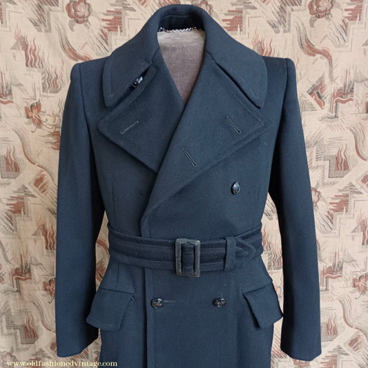 Vintage Mens 1940s BOAC Uniform Greatcoat Black Wool Double Breasted Belted Overcoat Coat British Overseas Airways