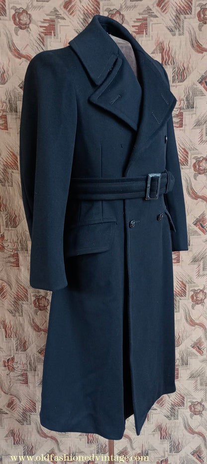 Vintage Mens 1940s BOAC Uniform Greatcoat Black Wool Double Breasted Belted Overcoat Coat British Overseas Airways