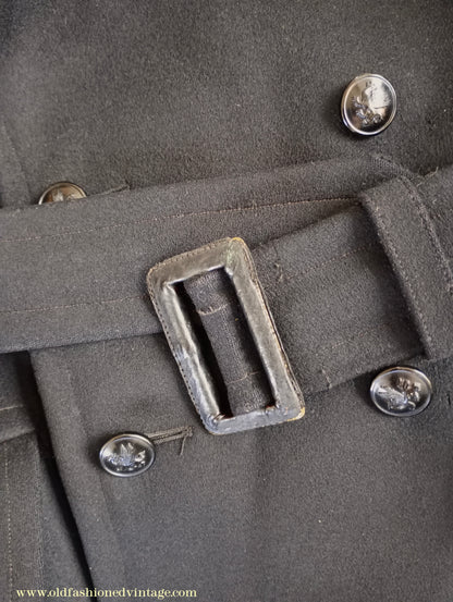 Vintage Mens 1940s BOAC Uniform Greatcoat Black Wool Double Breasted Belted Overcoat Coat British Overseas Airways