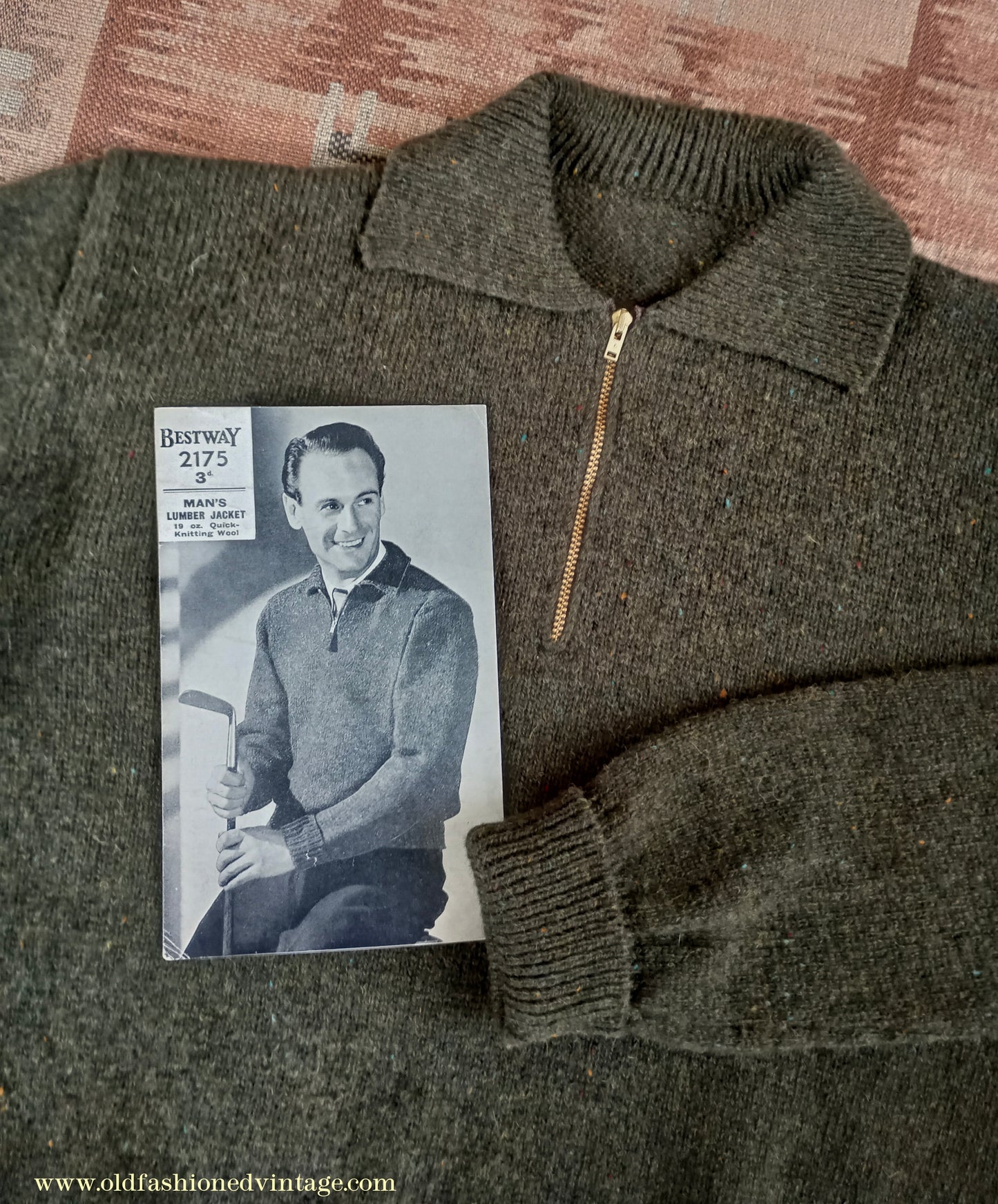 Old Fashioned Garments Vintage Reproduction 1940s Mens Zip Neck Jumper Polo Collar Sweater Lumberjacket Medium