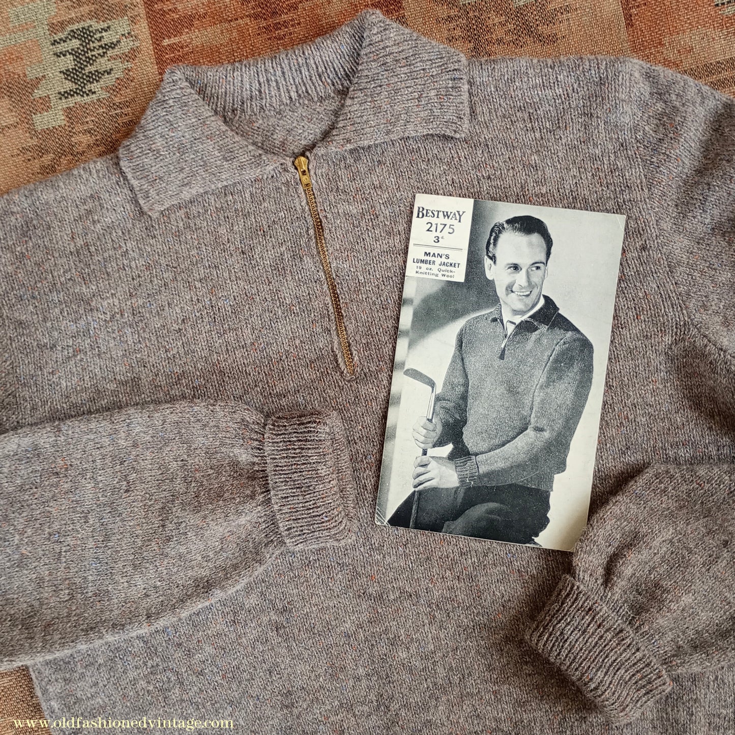 Old Fashioned Garments Vintage Reproduction 1940s Mens Zip Neck Jumper Polo Collar Sweater Lumberjacket Small