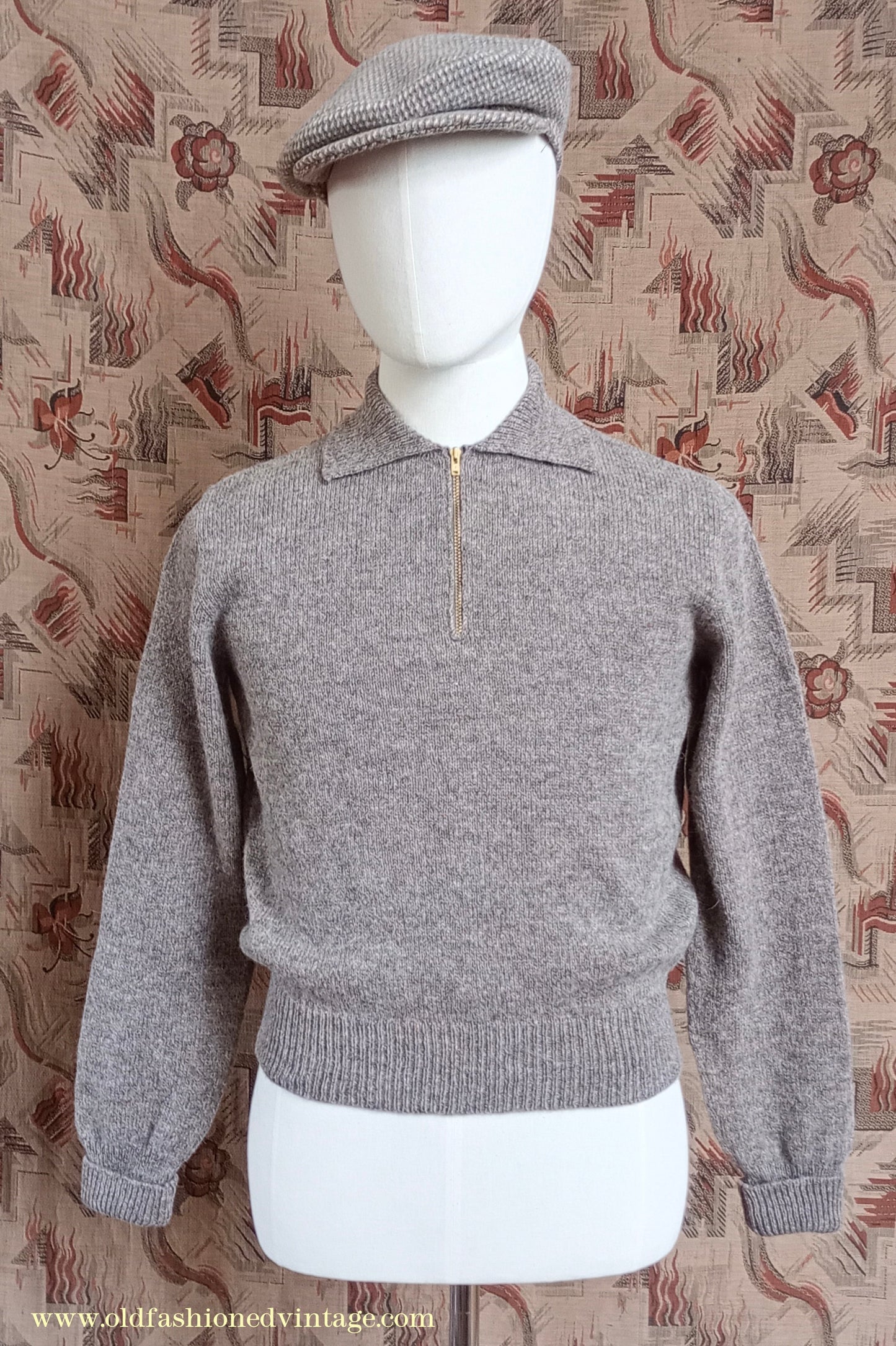 Old Fashioned Garments Vintage Reproduction 1940s Mens Zip Neck Jumper Polo Collar Sweater Lumberjacket Small