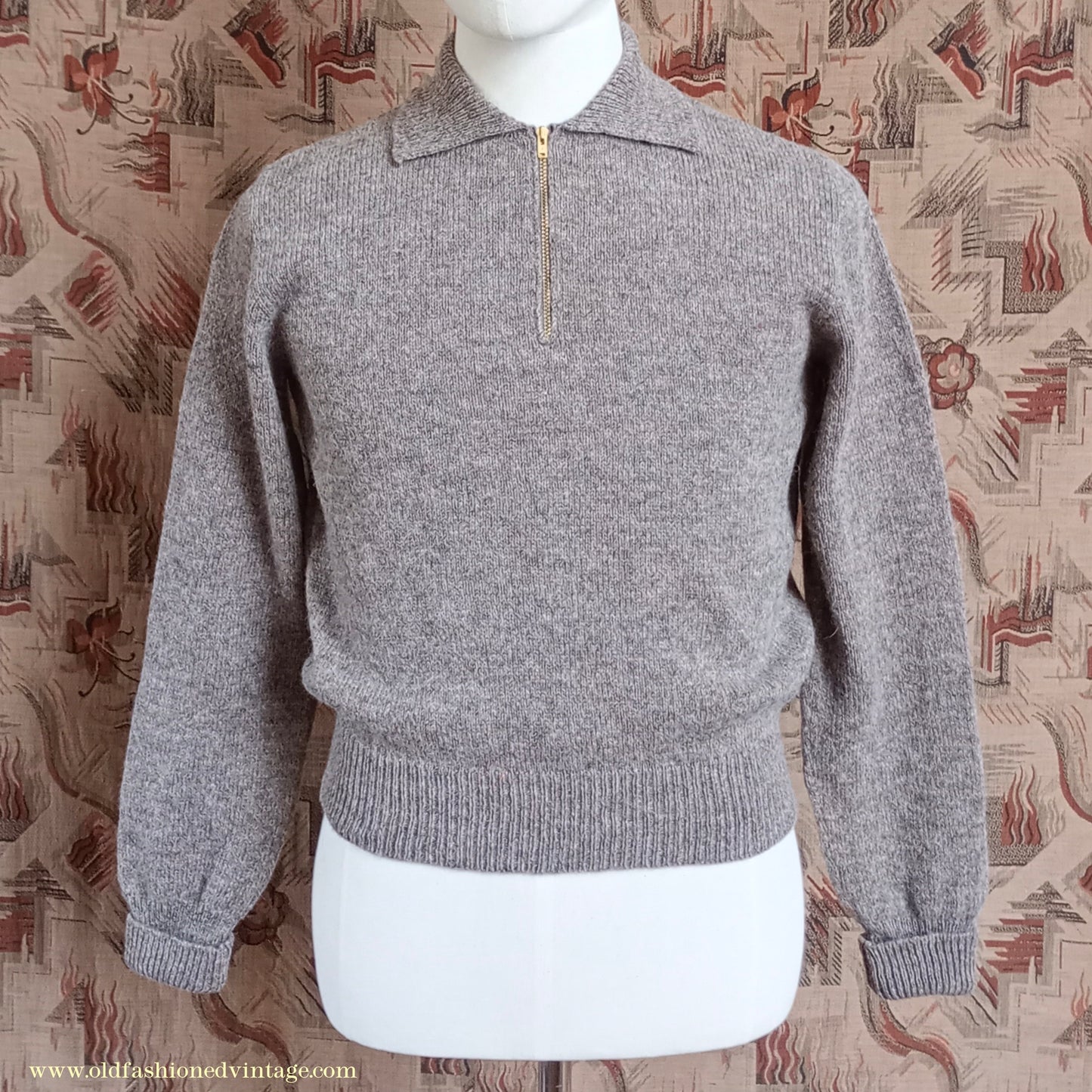 Old Fashioned Garments Vintage Reproduction 1940s Mens Zip Neck Jumper Polo Collar Sweater Lumberjacket Small