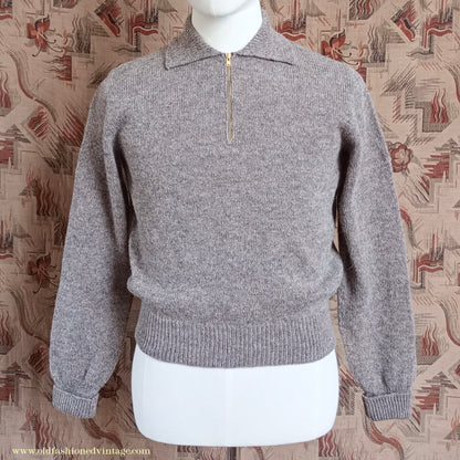 Old Fashioned Garments Vintage Reproduction 1940s Mens Zip Neck Jumper Polo Collar Sweater Lumberjacket Small