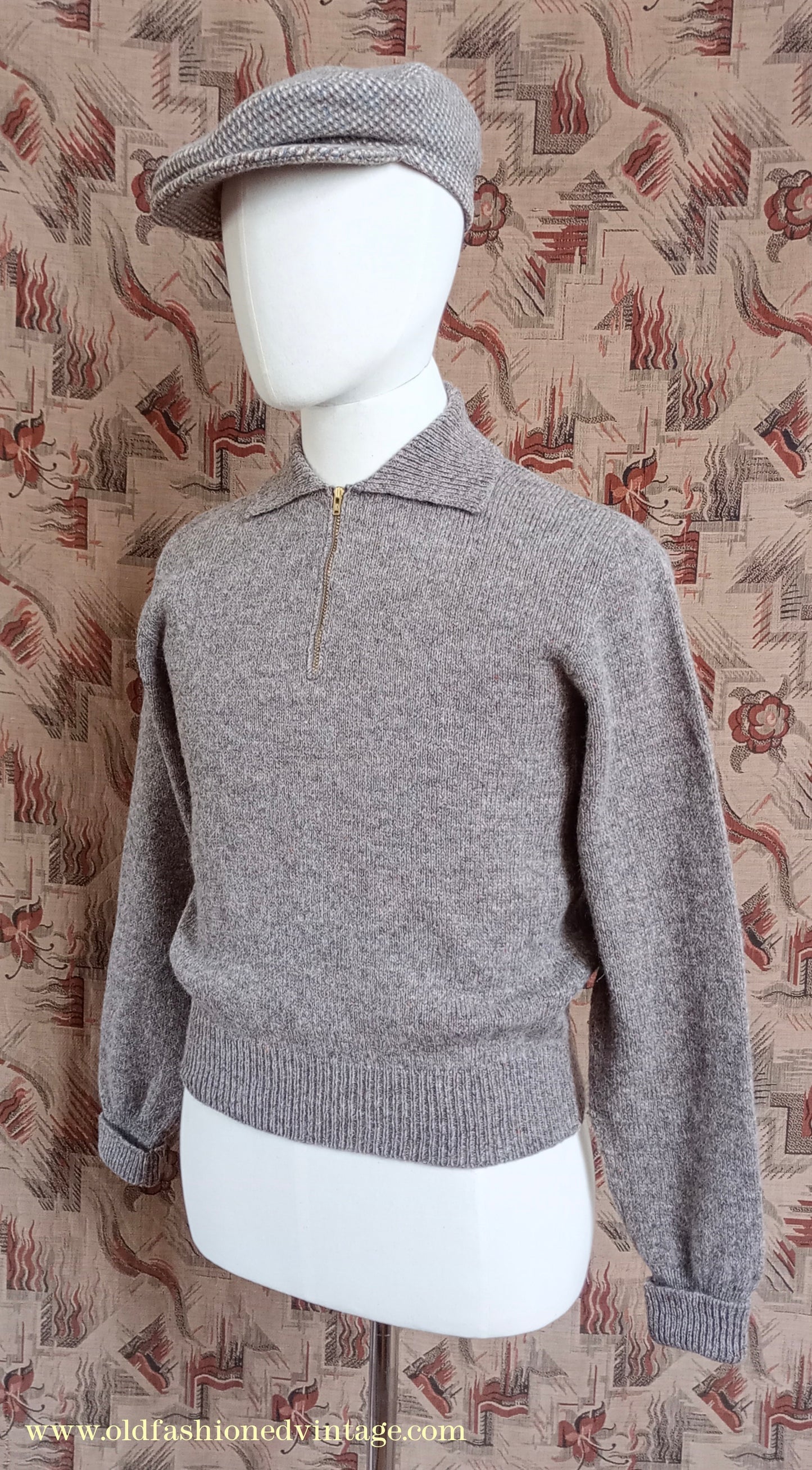 Old Fashioned Garments Vintage Reproduction 1940s Mens Zip Neck Jumper Polo Collar Sweater Lumberjacket Small