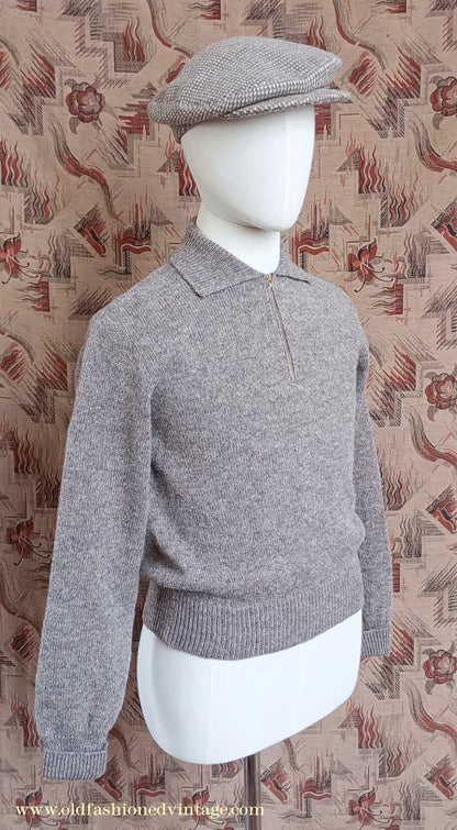 Old Fashioned Garments Vintage Reproduction 1940s Mens Zip Neck Jumper Polo Collar Sweater Lumberjacket Small