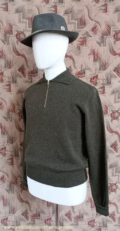 Old Fashioned Garments Vintage Reproduction 1940s Mens Zip Neck Jumper Polo Collar Sweater Lumberjacket Medium