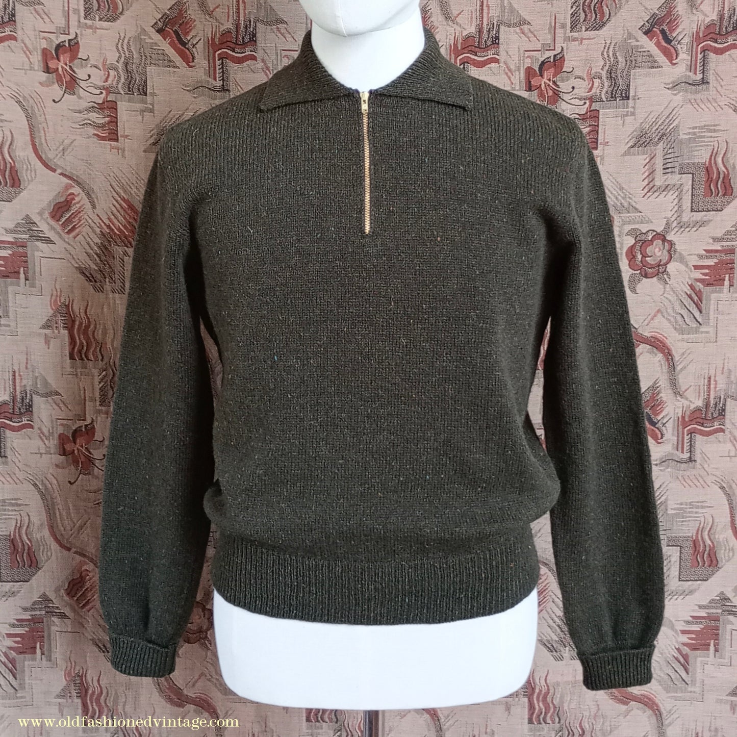 Old Fashioned Garments Vintage Reproduction 1940s Mens Zip Neck Jumper Polo Collar Sweater Lumberjacket Medium