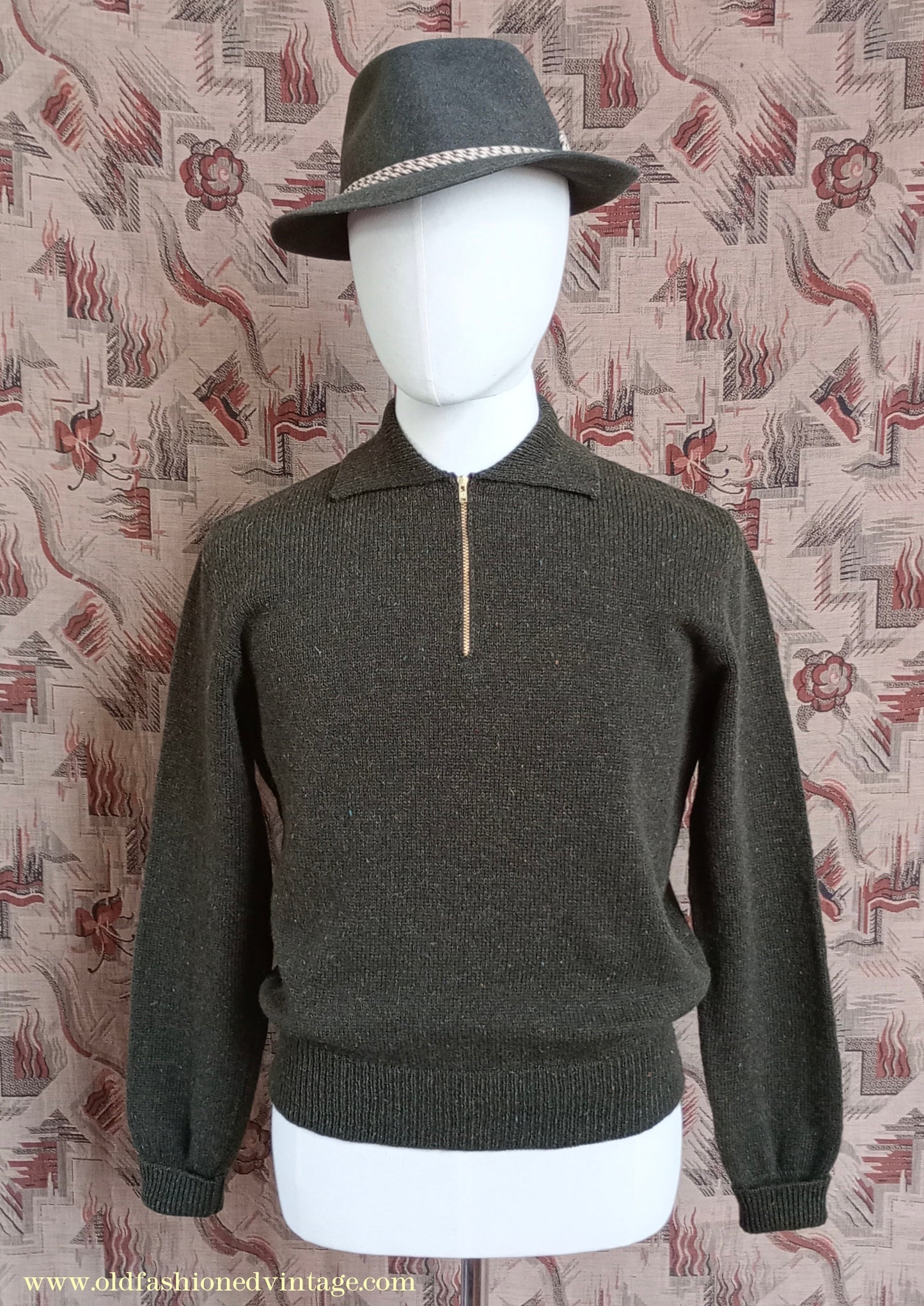 Old Fashioned Garments Vintage Reproduction 1940s Mens Zip Neck Jumper Polo Collar Sweater Lumberjacket Medium
