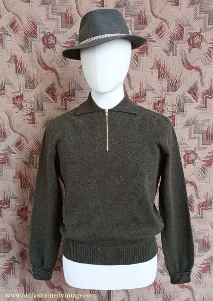 Old Fashioned Garments Vintage Reproduction 1940s Mens Zip Neck Jumper Polo Collar Sweater Lumberjacket Medium