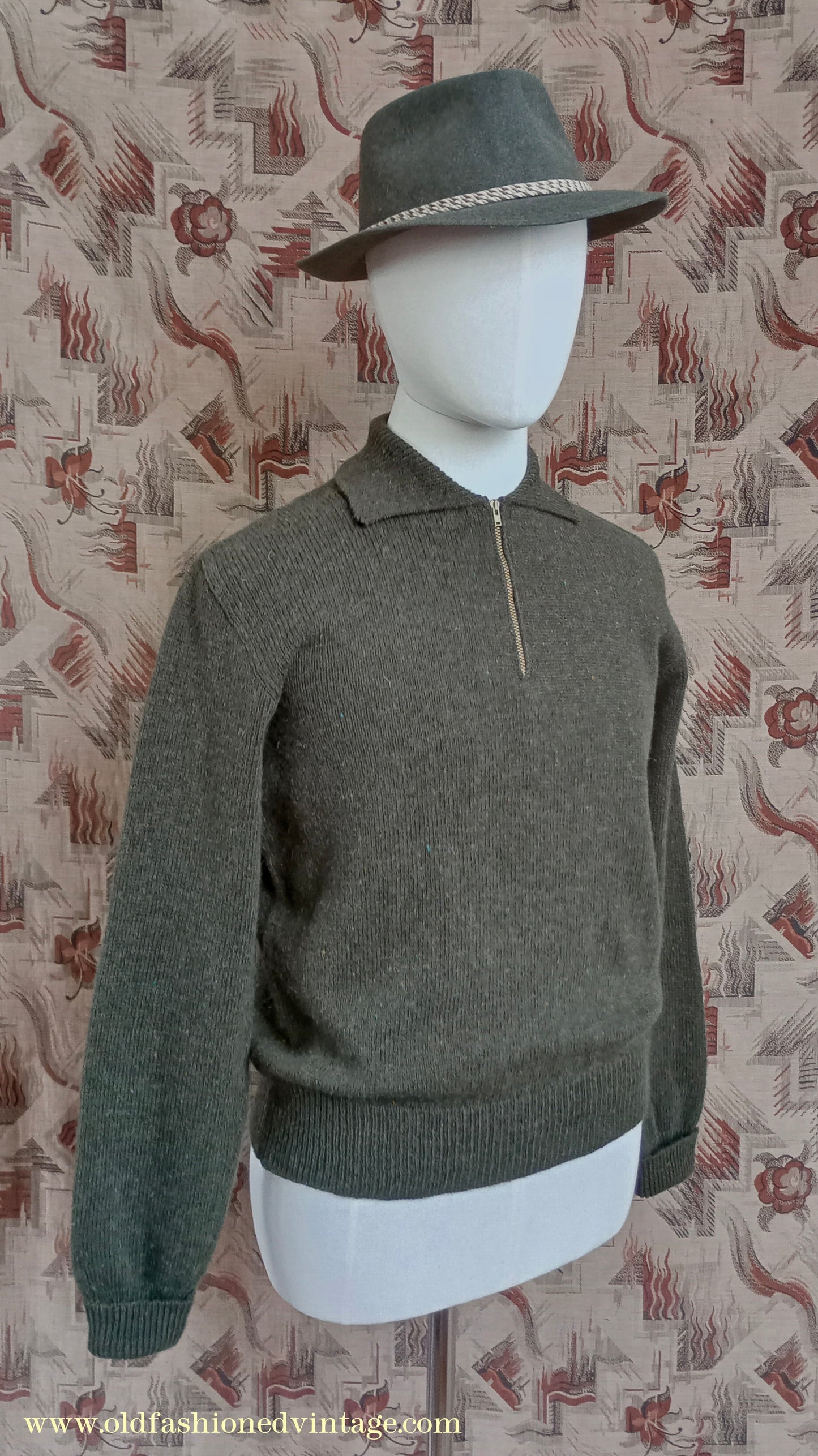Old Fashioned Garments Vintage Reproduction 1940s Mens Zip Neck Jumper Polo Collar Sweater Lumberjacket Medium