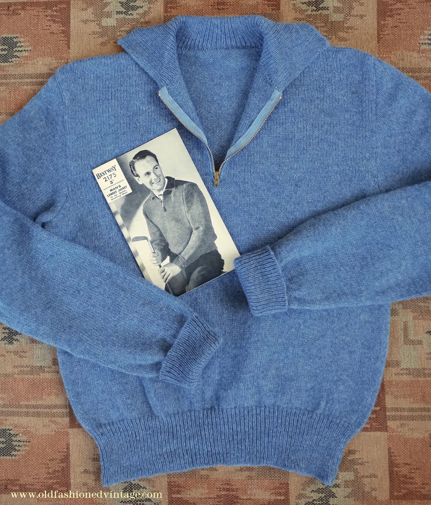 Old Fashioned Garments Vintage Reproduction 1940s Mens Zip Neck Jumper Polo Collar Sweater Lumberjacket Small