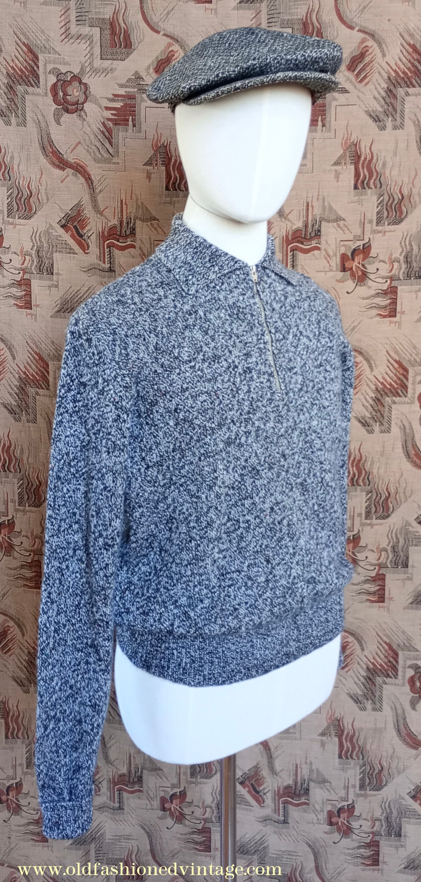 Old Fashioned Garments Vintage Reproduction 1940s Mens Zip Neck Jumper Polo Collar Sweater Lumberjacket Medium
