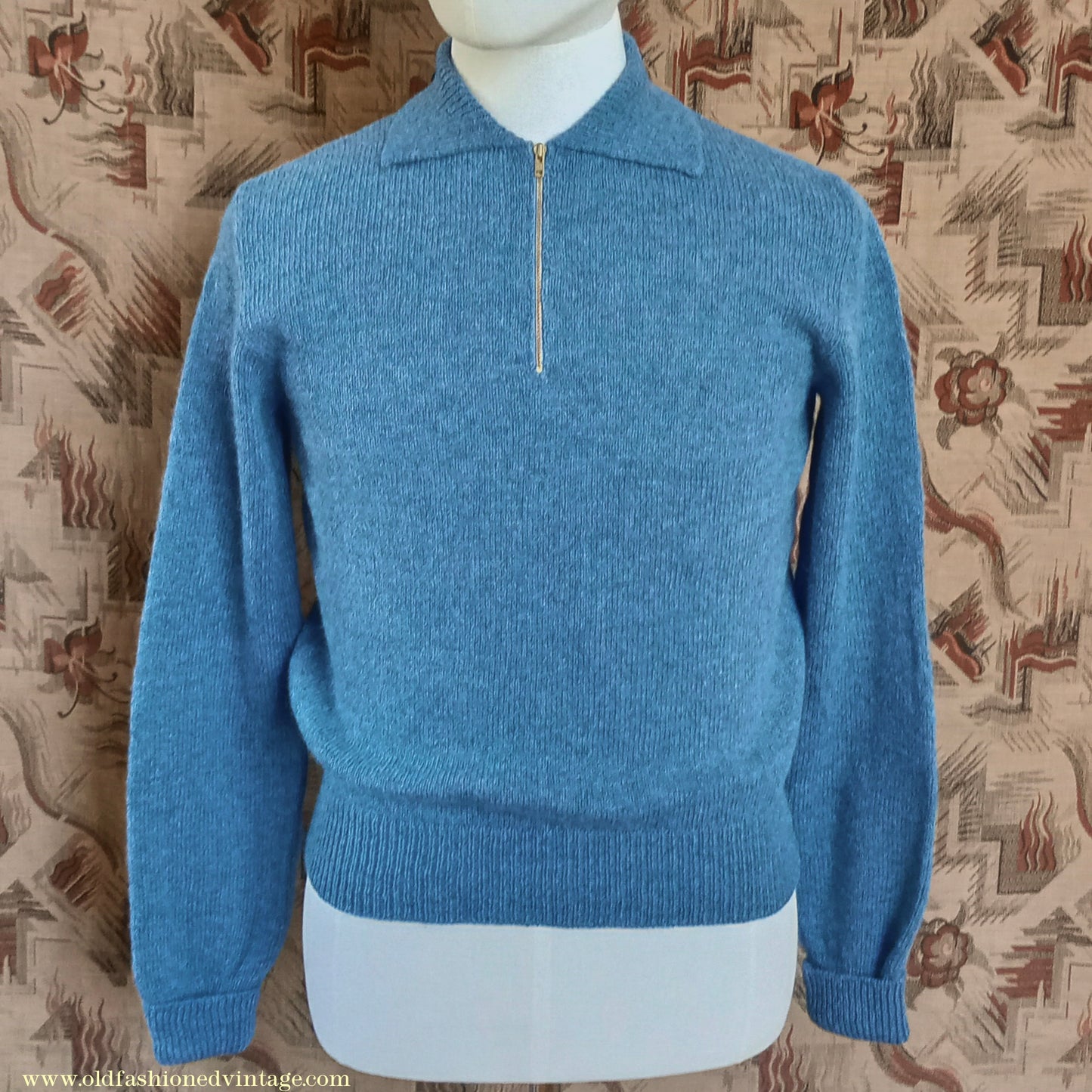 Old Fashioned Garments Vintage Reproduction 1940s Mens Zip Neck Jumper Polo Collar Sweater Lumberjacket Small