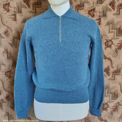 Old Fashioned Garments Vintage Reproduction 1940s Mens Zip Neck Jumper Polo Collar Sweater Lumberjacket Small