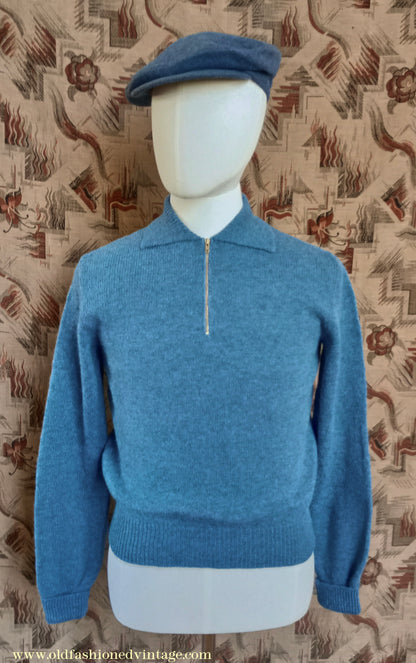 Old Fashioned Garments Vintage Reproduction 1940s Mens Zip Neck Jumper Polo Collar Sweater Lumberjacket Small