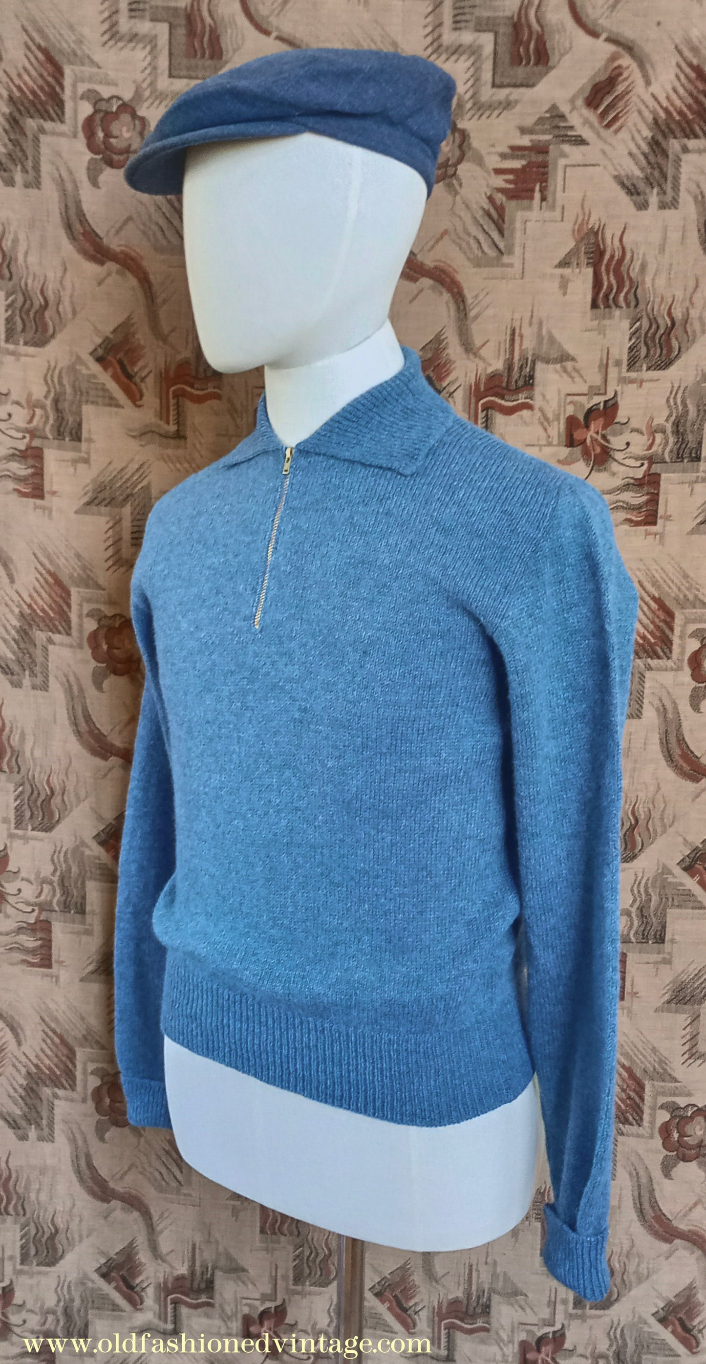 Old Fashioned Garments Vintage Reproduction 1940s Mens Zip Neck Jumper Polo Collar Sweater Lumberjacket Small