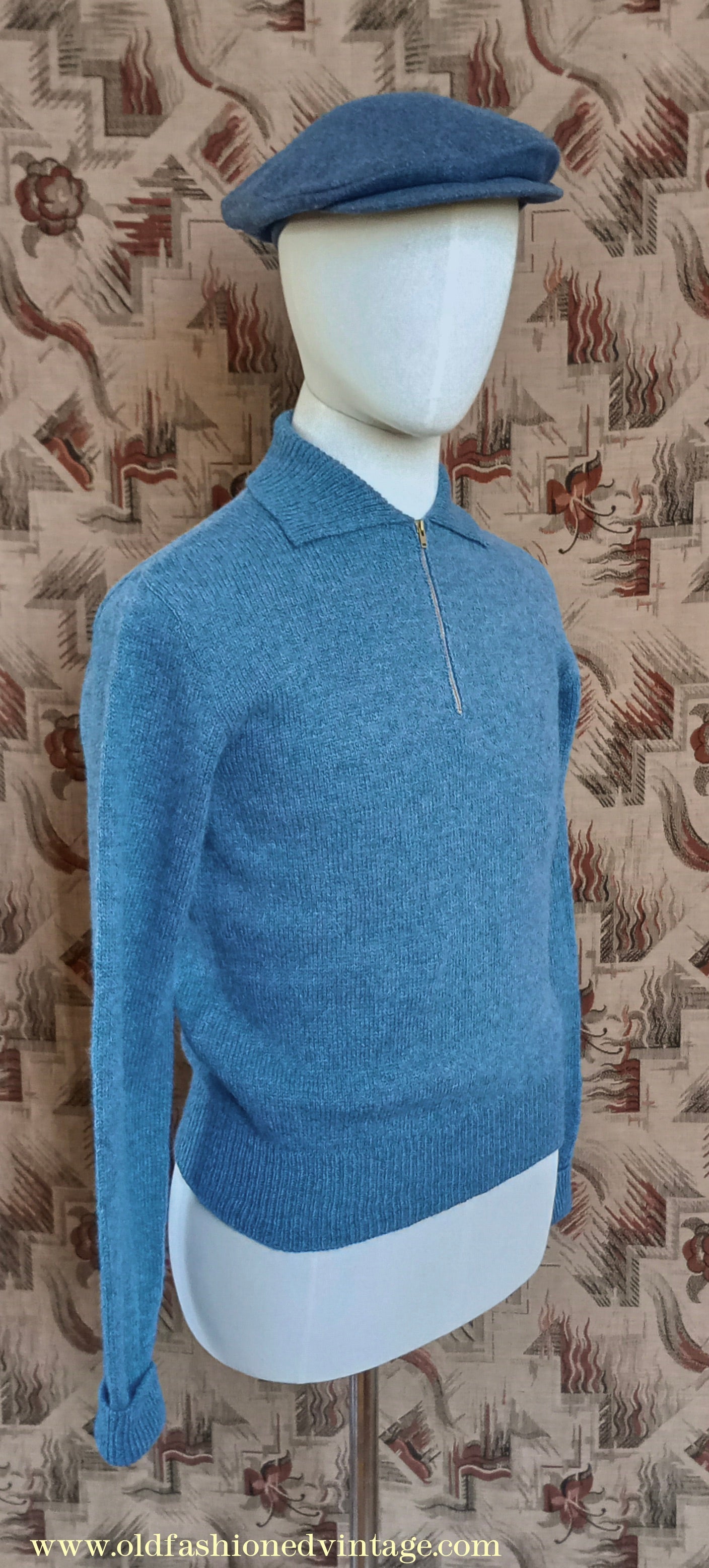 Old Fashioned Garments Vintage Reproduction 1940s Mens Zip Neck Jumper Polo Collar Sweater Lumberjacket Small