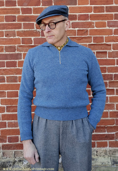 Old Fashioned Garments Vintage Reproduction 1940s Mens Zip Neck Jumper Polo Collar Sweater Lumberjacket Small