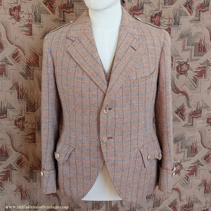 Vintage Mens 1930s Tweed Argyll Kilt Jacket & Waistcoat Set Ginger Windowpane Check Wool Tailored Traditional Scottish Sports Coat 36"