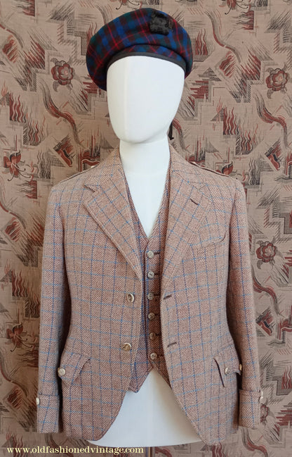 Vintage Mens 1930s Tweed Argyll Kilt Jacket & Waistcoat Set Ginger Windowpane Check Wool Tailored Traditional Scottish Sports Coat 36"