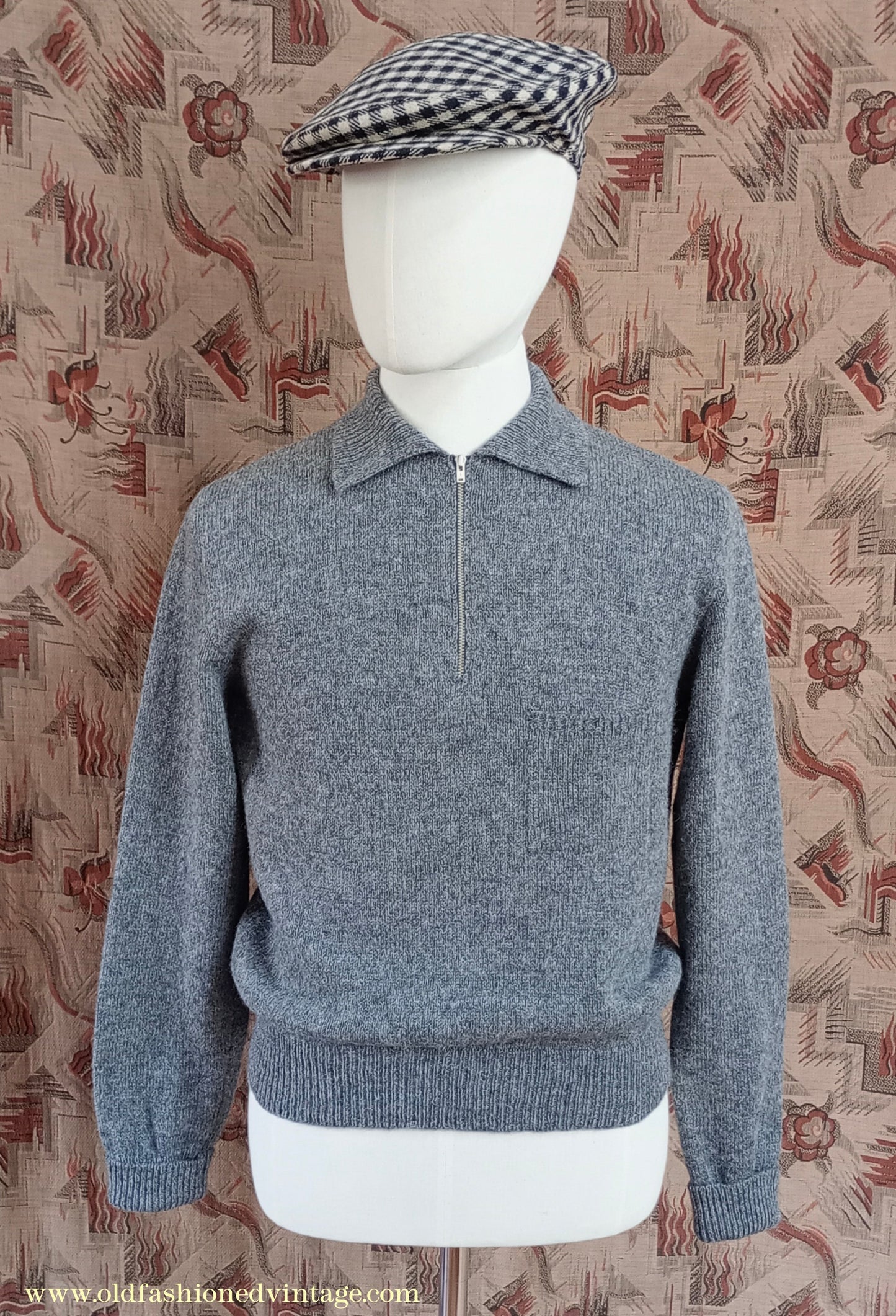 Old Fashioned Garments Vintage Reproduction 1940s Mens Zip Neck Jumper Polo Collar Sweater Lumberjacket Medium