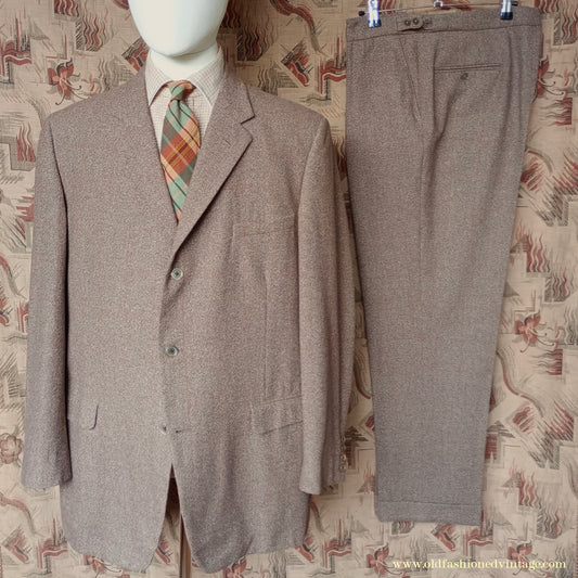 Vintage Mens 1960s DAKS Simpson Tweed Suit Olive Brown Orange Windowpane Wool 2 Piece 44"