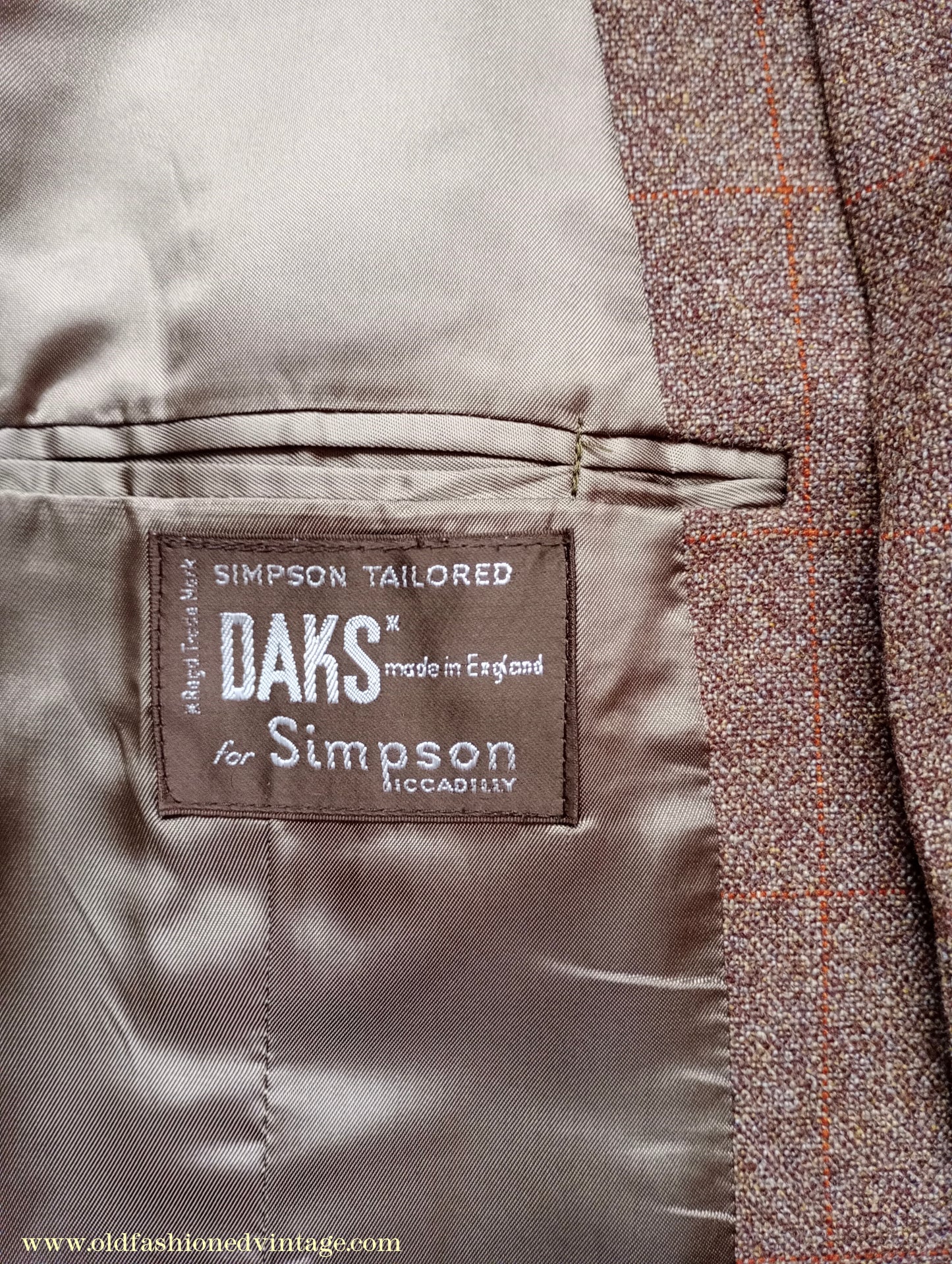 Vintage Mens 1960s DAKS Simpson Tweed Suit Olive Brown Orange Windowpane Wool 2 Piece 44"