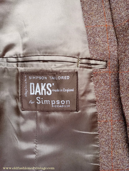 Vintage Mens 1960s DAKS Simpson Tweed Suit Olive Brown Orange Windowpane Wool 2 Piece 44"