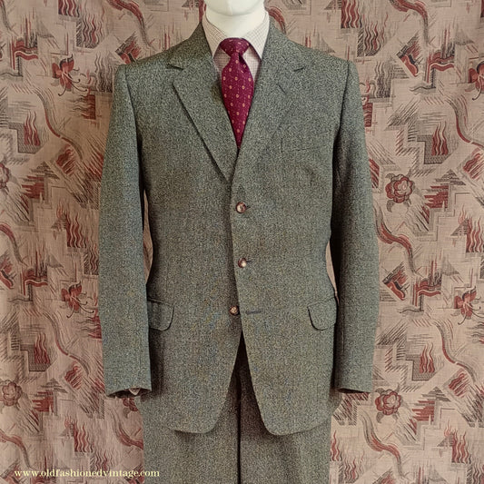 Vintage Mens Early 1960s London Bespoke Tailored Tweed Suit Olive Green Wool 2 Piece 38" Long