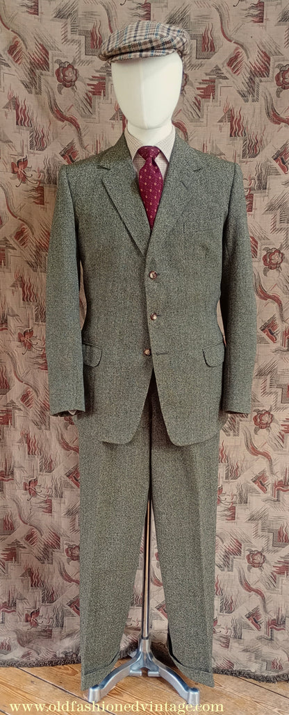 Vintage Mens Early 1960s London Bespoke Tailored Tweed Suit Olive Green Wool 2 Piece 38" Long