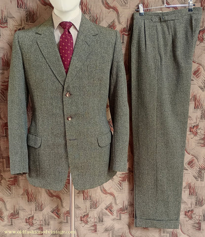 Vintage Mens Early 1960s London Bespoke Tailored Tweed Suit Olive Green Wool 2 Piece 38" Long