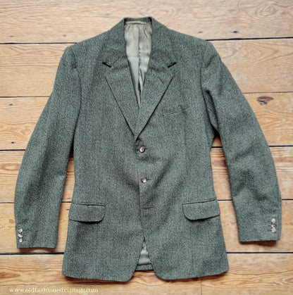 Vintage Mens Early 1960s London Bespoke Tailored Tweed Suit Olive Green Wool 2 Piece 38" Long