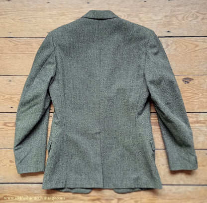 Vintage Mens Early 1960s London Bespoke Tailored Tweed Suit Olive Green Wool 2 Piece 38" Long