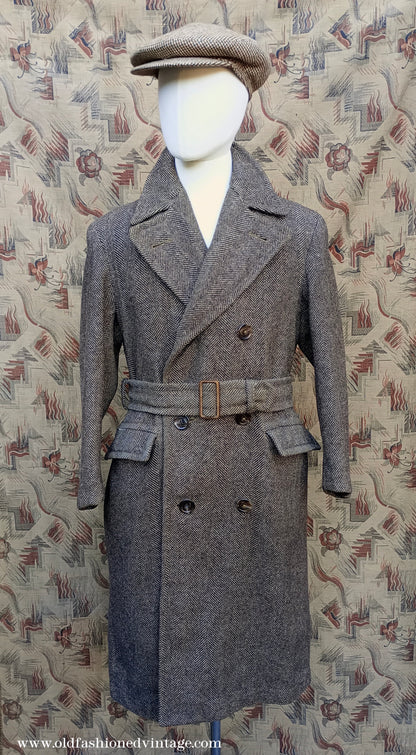 Vintage 1940s CC41 Double Breasted Overcoat Brown Herringbone Wool Tweed DB Belted UK S