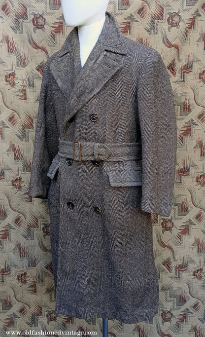 Vintage 1940s CC41 Double Breasted Overcoat Brown Herringbone Wool Tweed DB Belted UK S