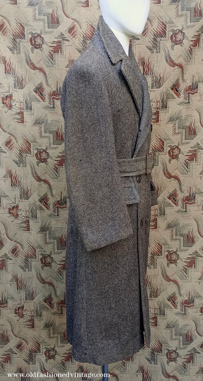 Vintage 1940s CC41 Double Breasted Overcoat Brown Herringbone Wool Tweed DB Belted UK S