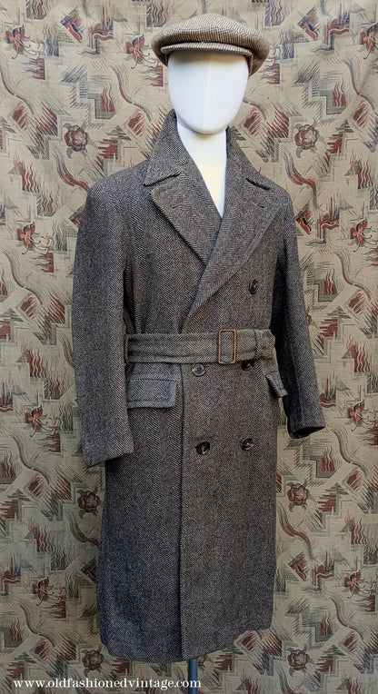 Vintage 1940s CC41 Double Breasted Overcoat Brown Herringbone Wool Tweed DB Belted UK S