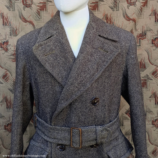 Vintage 1940s CC41 Double Breasted Overcoat Brown Herringbone Wool Tweed DB Belted UK S