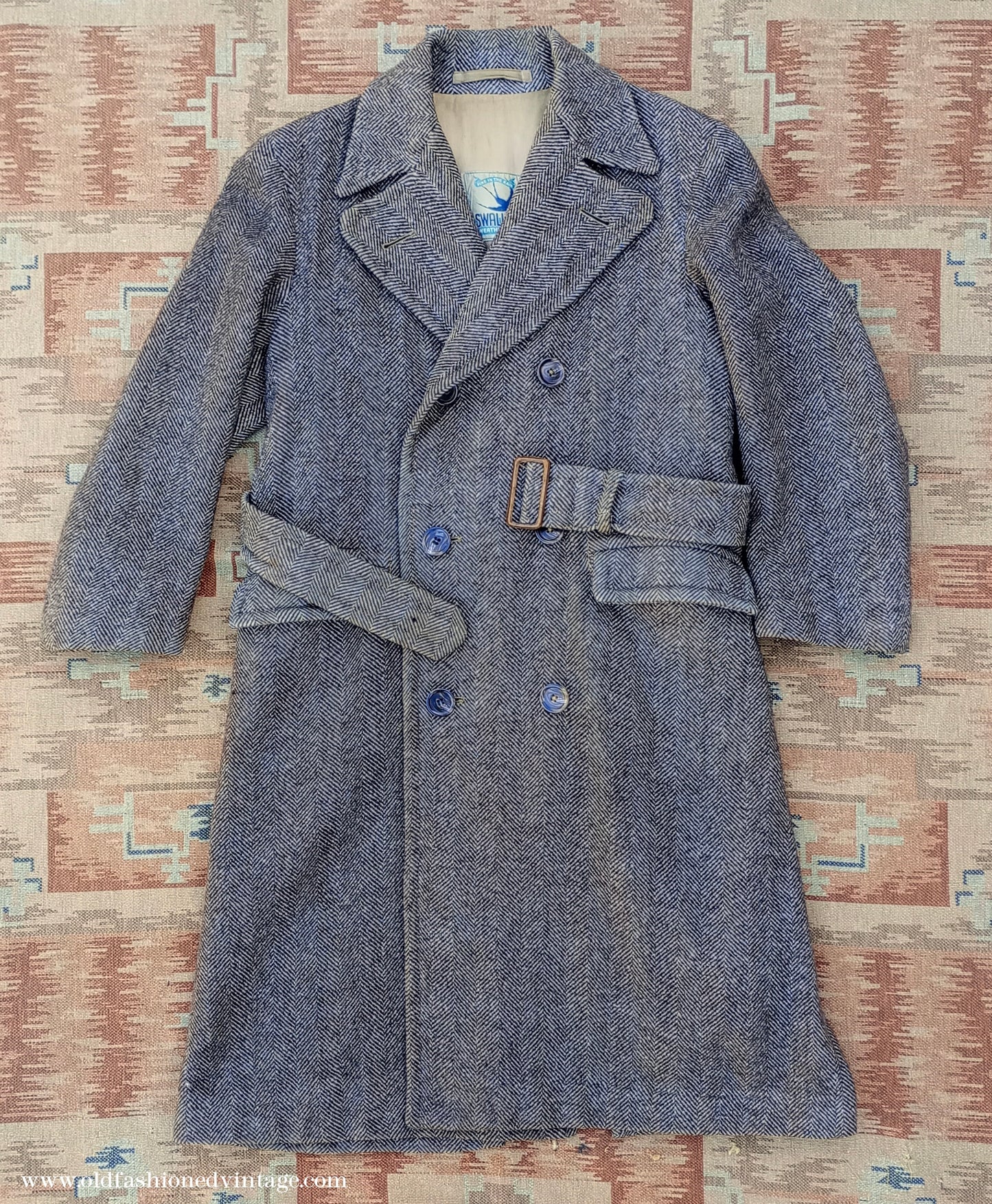 Vintage 1940s CC41 Double Breasted Overcoat Brown Herringbone Wool Tweed DB Belted UK S