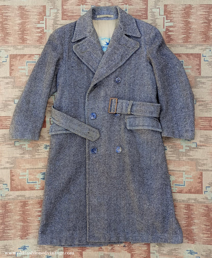 Vintage 1940s CC41 Double Breasted Overcoat Brown Herringbone Wool Tweed DB Belted UK S