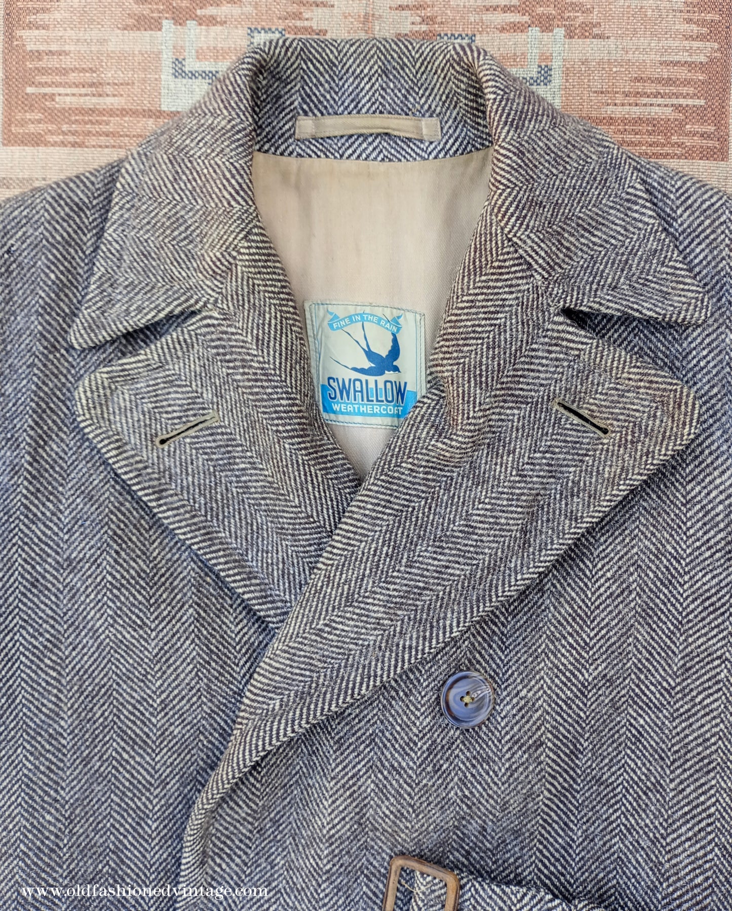 Vintage 1940s CC41 Double Breasted Overcoat Brown Herringbone Wool Tweed DB Belted UK S