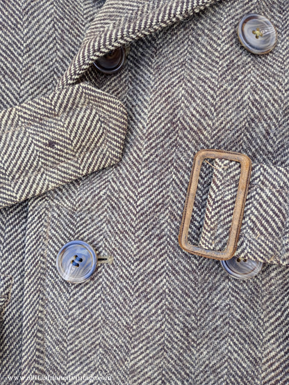Vintage 1940s CC41 Double Breasted Overcoat Brown Herringbone Wool Tweed DB Belted UK S