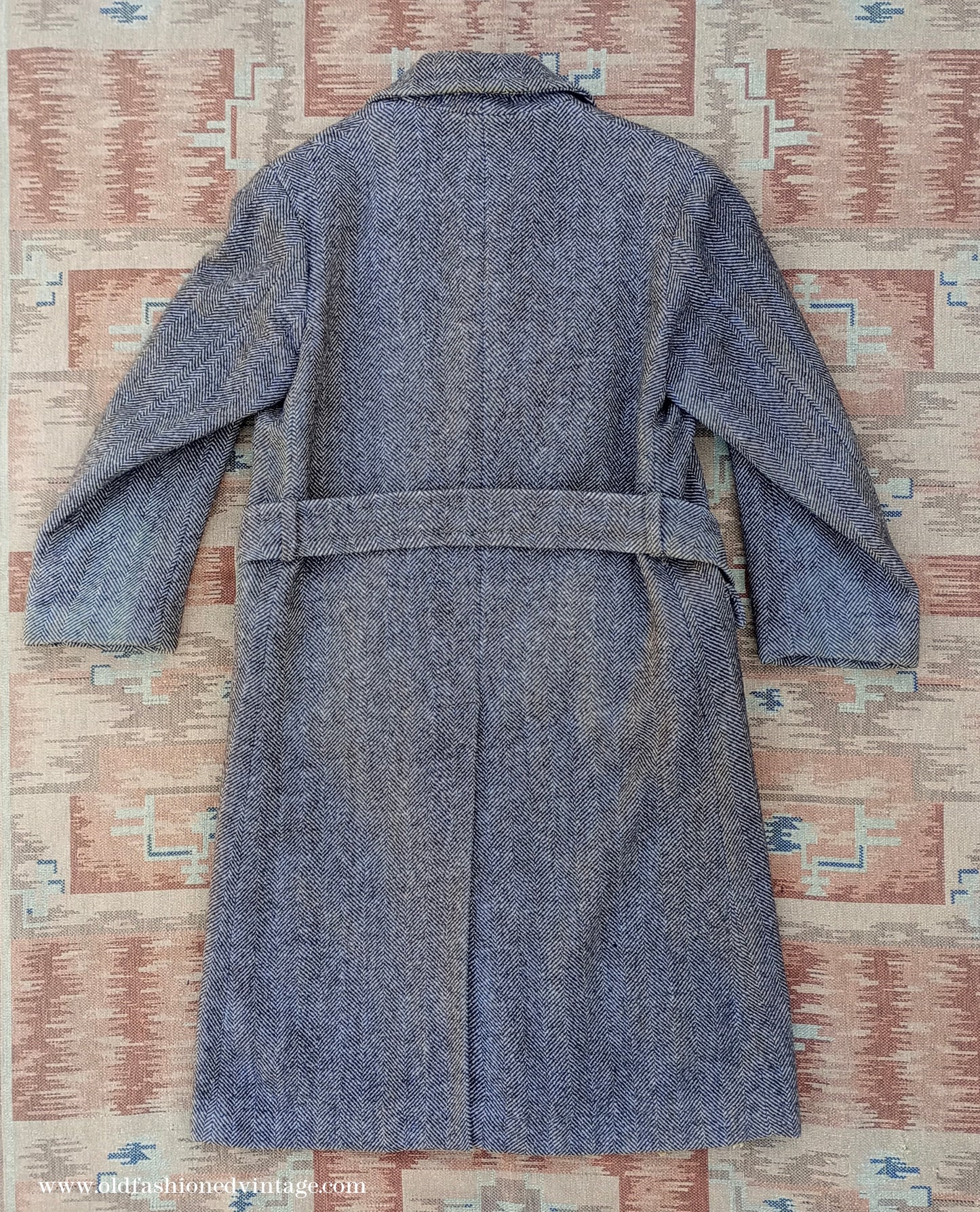 Vintage 1940s CC41 Double Breasted Overcoat Brown Herringbone Wool Tweed DB Belted UK S