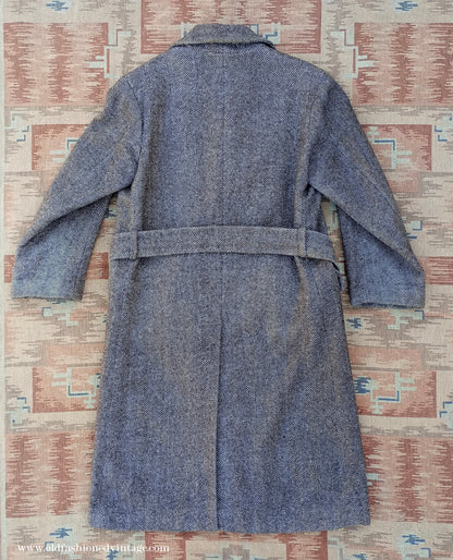 Vintage 1940s CC41 Double Breasted Overcoat Brown Herringbone Wool Tweed DB Belted UK S