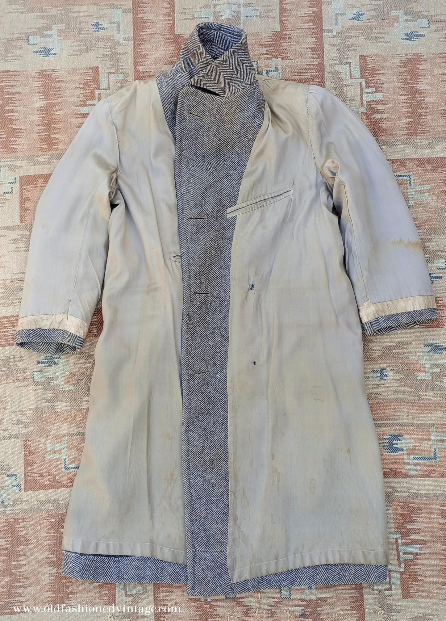 Vintage 1940s CC41 Double Breasted Overcoat Brown Herringbone Wool Tweed DB Belted UK S