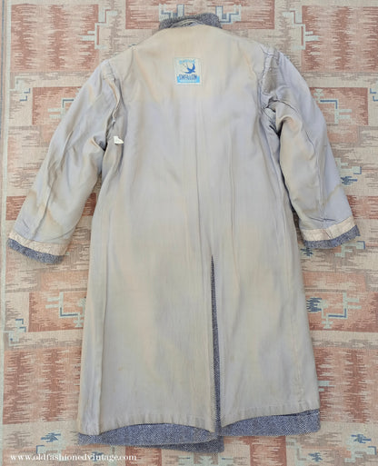 Vintage 1940s CC41 Double Breasted Overcoat Brown Herringbone Wool Tweed DB Belted UK S