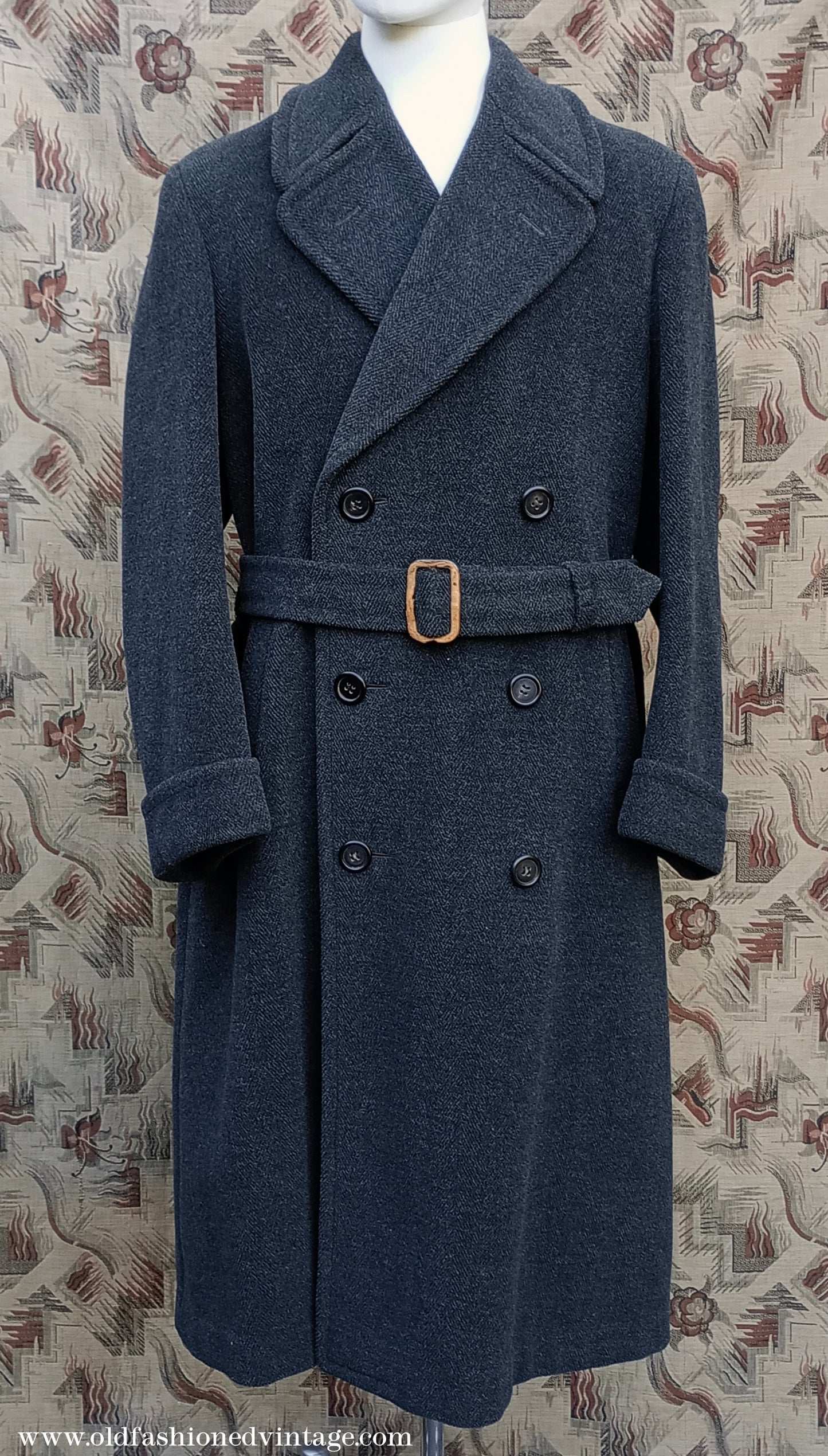 Vintage Mens 1940s 1950s Double Breasted Overcoat Coat Dark Grey Wool DB Belted Medium Long